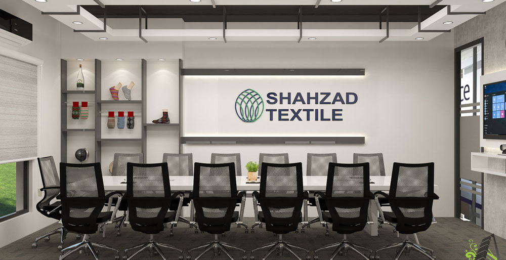 Shahzad Textile boardroom with logo and sock sample display